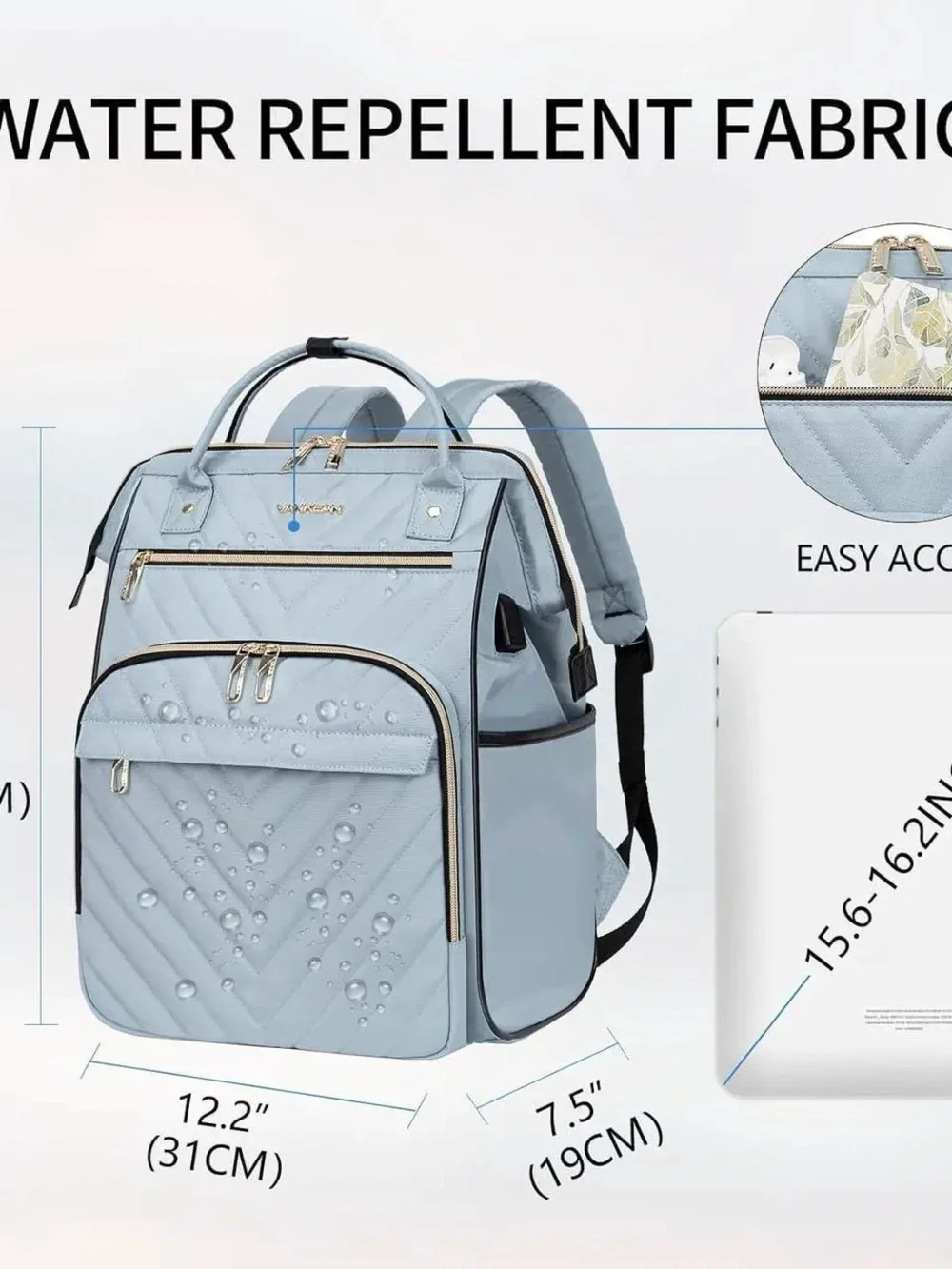 Vankean Backpack: Quilted Light Blue Backpack Tote for Women